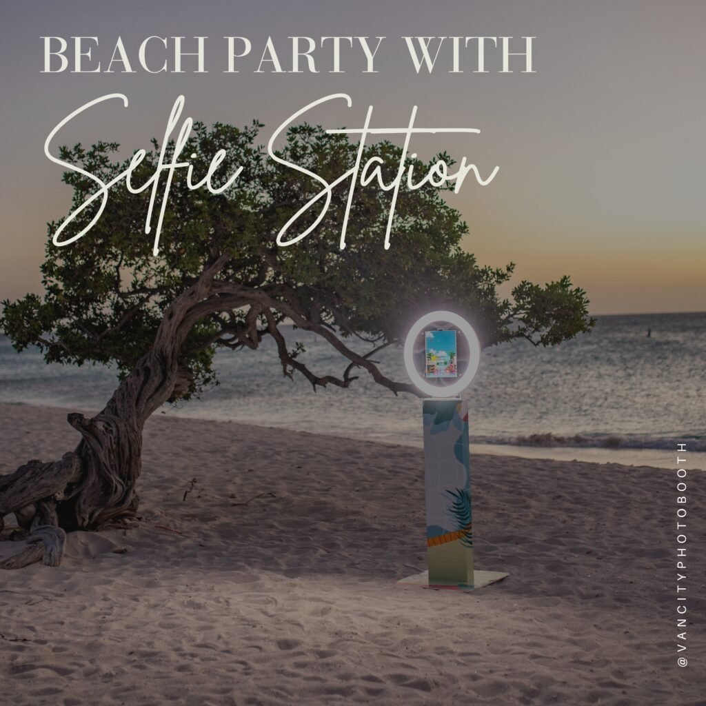 Our Selfie Station at a beach event with our branded photo booth design.
