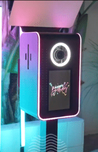 LED-lit modern photo booth with a digital "Happy Birthday" message on display, perfect for birthday celebrations and event rentals in Vancouver.